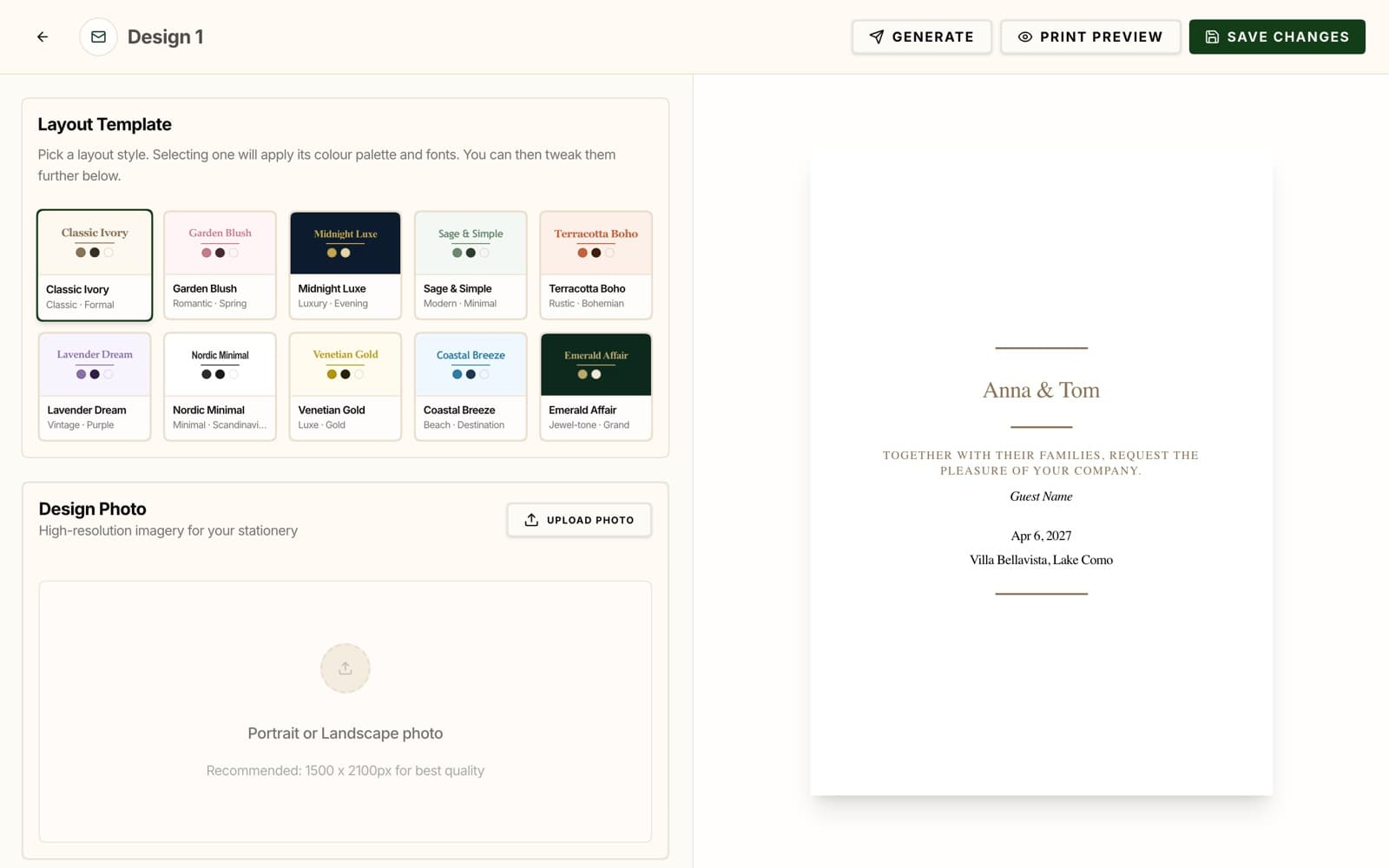 DJENETE-Designeditor mit Live-Vorschau einer Hochzeitskarte